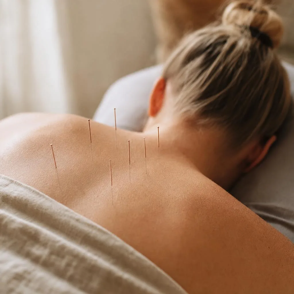 Fine acupuncture needles placed along the upper back in soft light