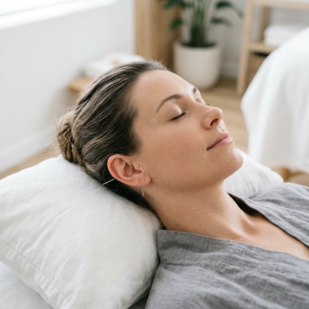 Patient resting with eyes closed during an acupuncture session for sleep support