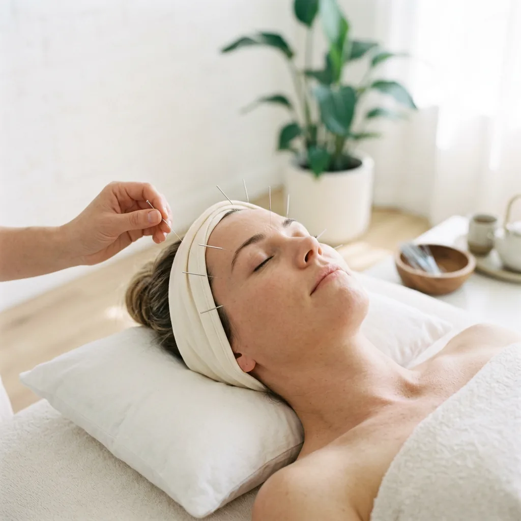 Patient receiving fine acupuncture needles at the temple and forehead during a headache-focused session