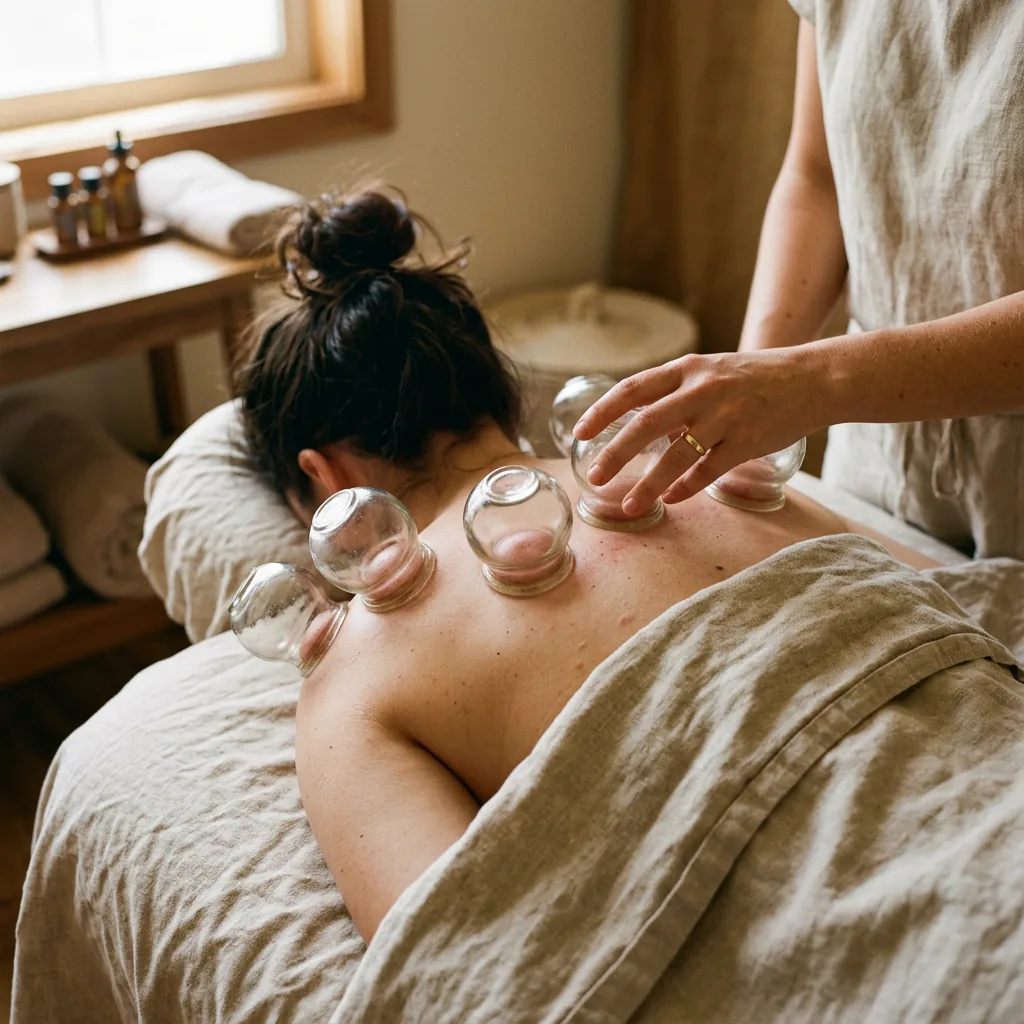 Glass cupping cups applied along a client's upper back