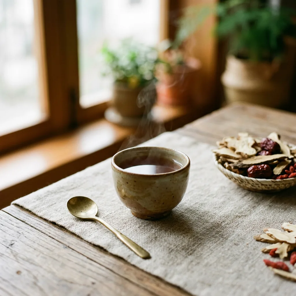 A warm cup of tea on a wooden tray — the unhurried pace your visit is priced around