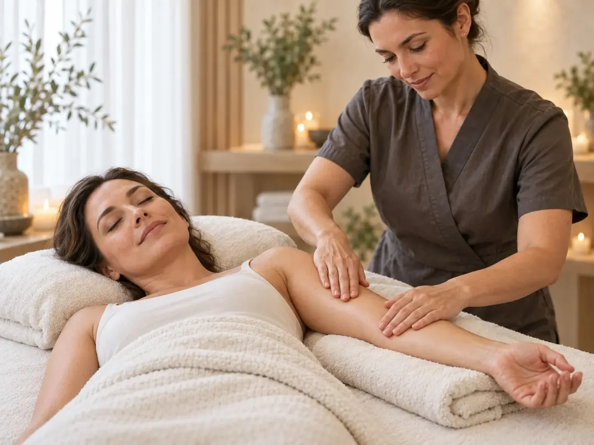 Therapist working both hands along a client's forearm, which rests on a rolled towel during a table massage