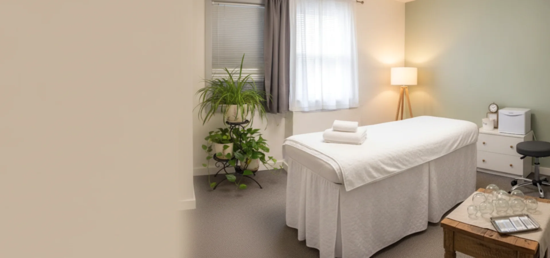 Calm spa scene in warm cream and sage tones — a skirted treatment table, green plants, glass cupping cups and an acupuncture needle tray