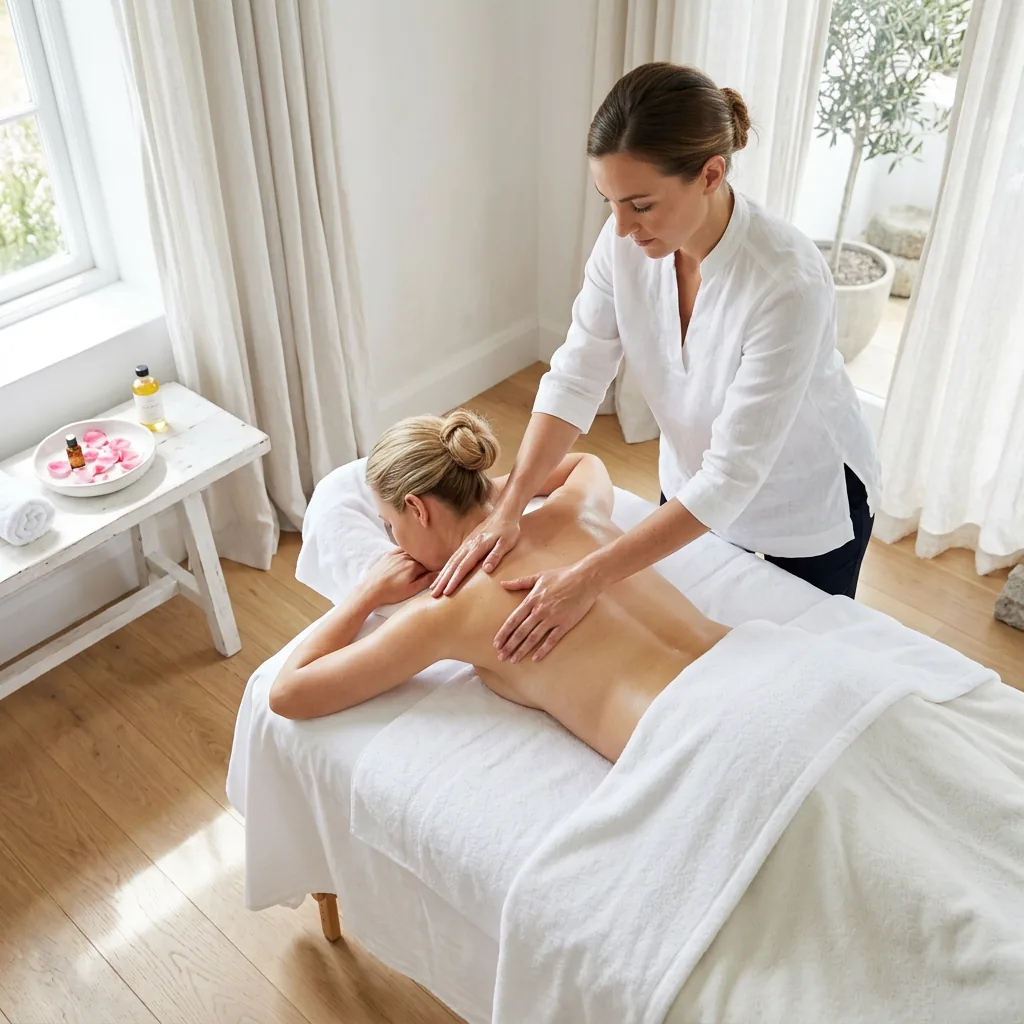 Therapist using long, light gliding strokes along a client's back on a draped treatment table