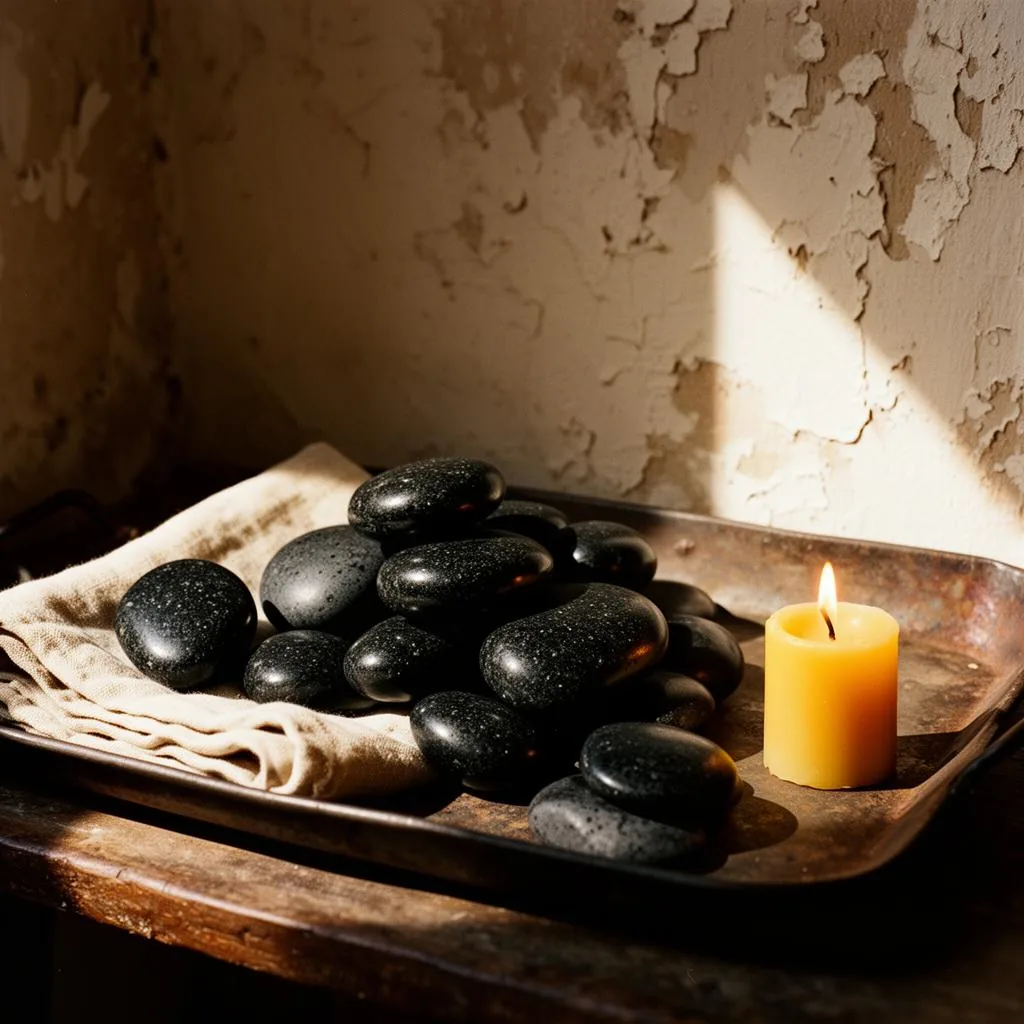 Tray of warm basalt stones beside a candle, prepared for hot stone therapy