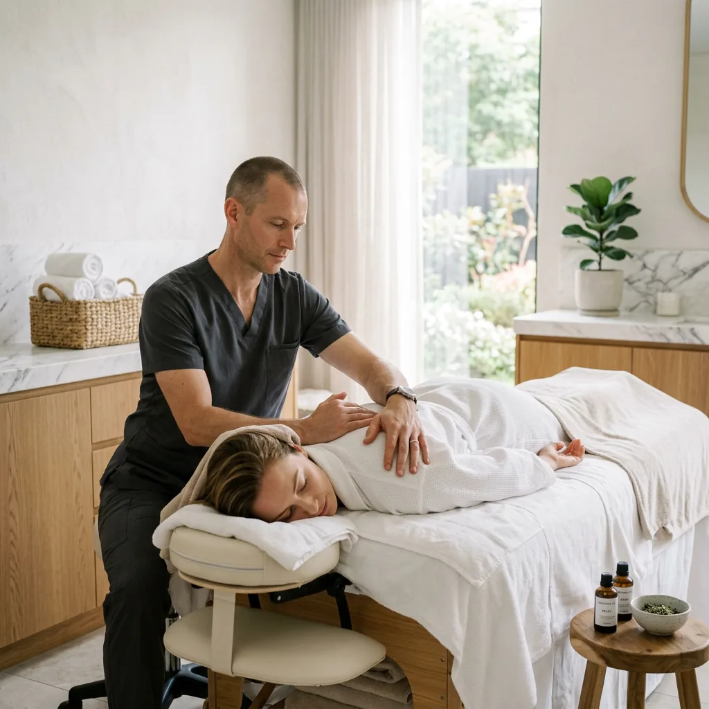 Practitioner applying focused pressure to a patient's shoulder during tui na massage
