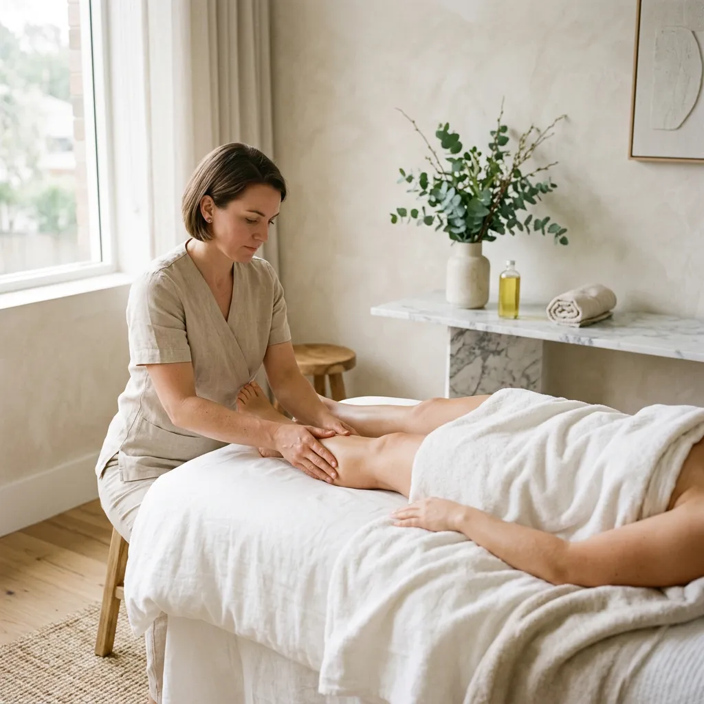 A practitioner seated beside the table working slowly along a client's calf, the rest of the body kept covered under a towel