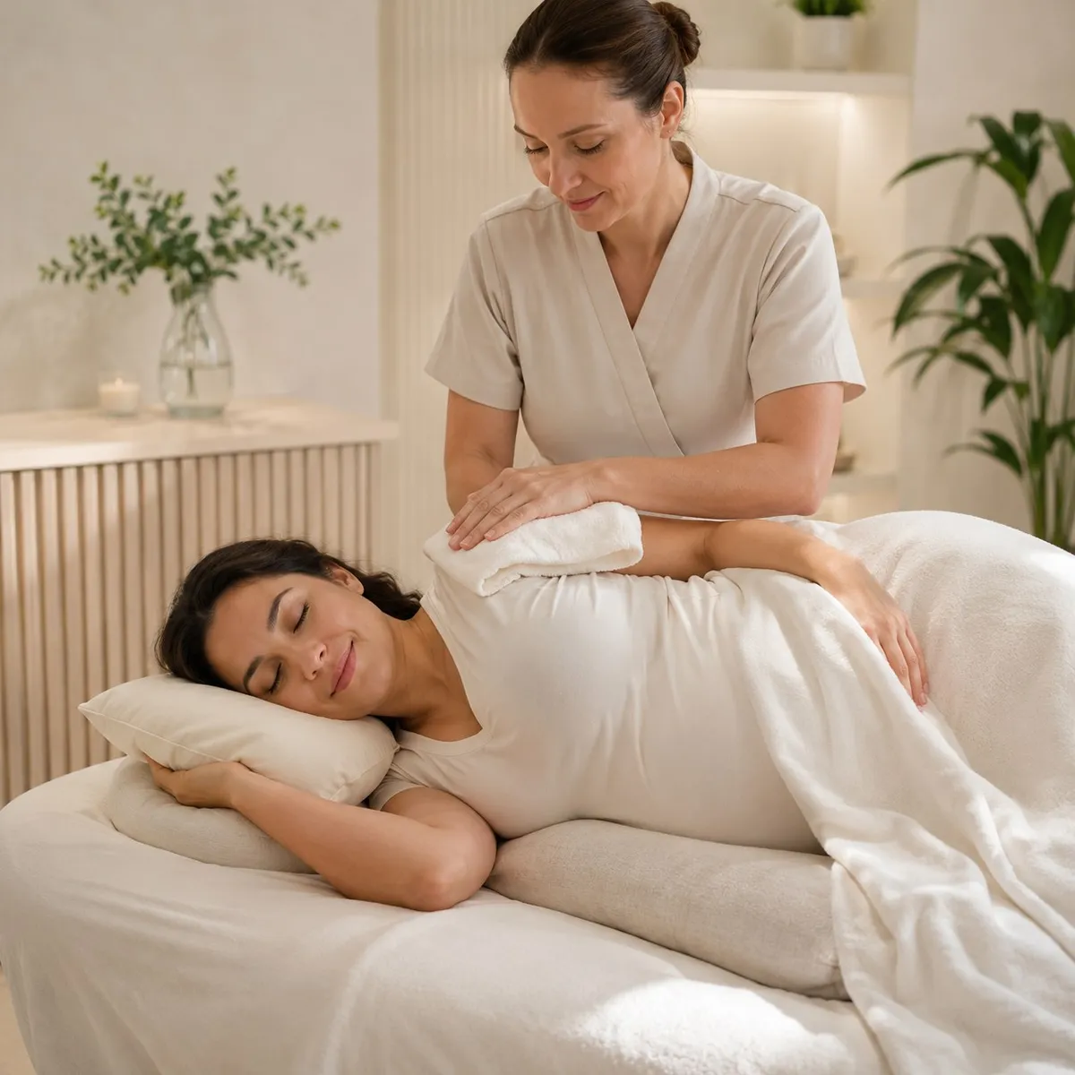 Therapist pressing through a folded towel at a woman's shoulder as she rests on her side, head on a pillow