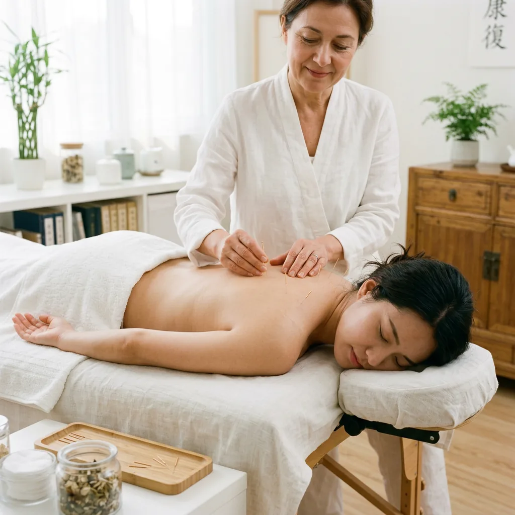 Acupuncture needles placed with care during a daylight treatment session