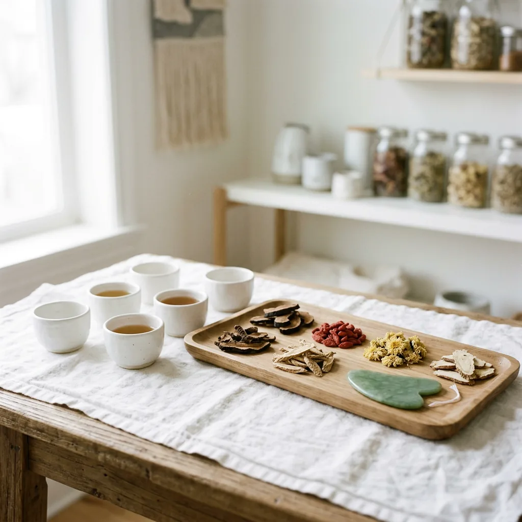 A warm cup of herbal tea beside a jade gua sha tool on linen