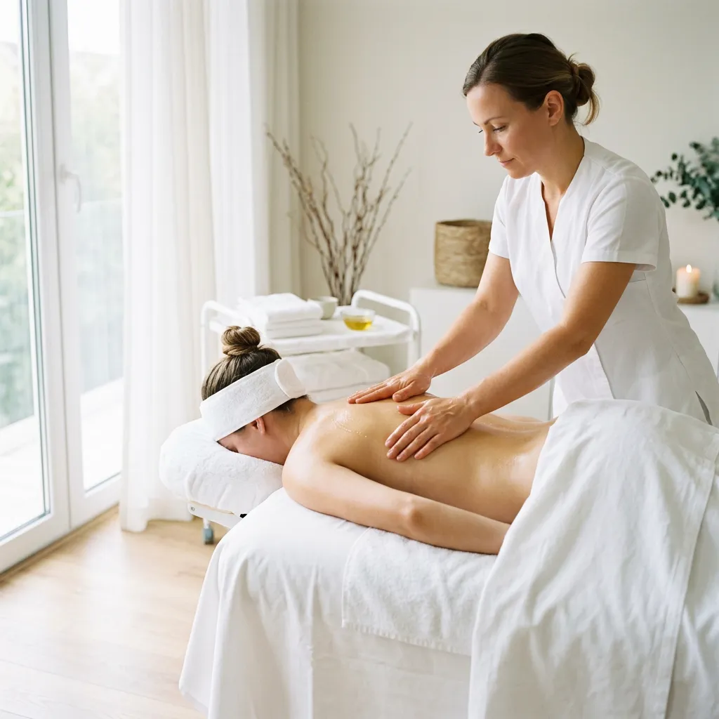 A practitioner working across a client's upper back in a plain white treatment room, with folded towels and a small dish of oil on a trolley alongside