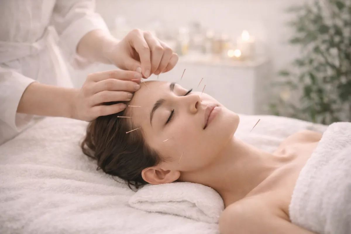Practitioner placing fine acupuncture needles along a relaxed patient's hairline, brow and cheek on a towel-draped table
